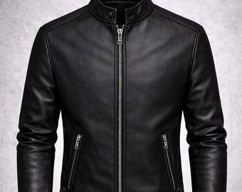 Mens Long Sleeve Stand Collar Leather Fleece Lined Zip Warm