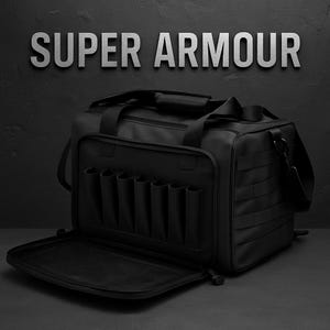 May include: Black tactical bag with multiple pockets and compartments. The bag has a shoulder strap and a handle for carrying. The text "SUPER ARMOUR" is displayed above the bag.