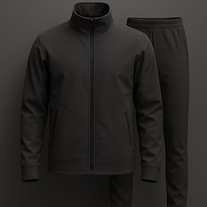 Può includere: Completo tuta sportiva nera. Il set include una giacca con zip e collo alto e pantaloni abbinati. La giacca ha una cerniera verticale e una piccola tasca sul petto. Il testo "SUPER ARMOUR" è visualizzato in alto.
