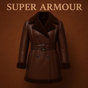 May include: A brown leather coat with a dark brown fur collar, cuffs, and hem. The coat features a double-breasted design, a belt with a buckle, and the text "SUPER ARMOUR" at the top. The coat is a classic outerwear piece.