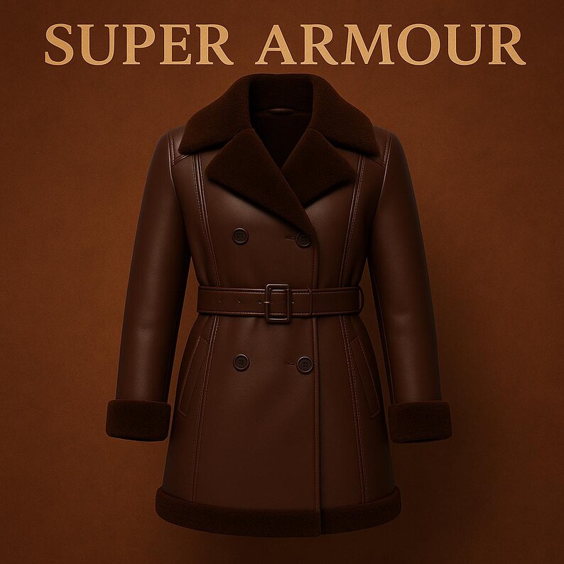 May include: A brown leather coat with a dark brown fur collar, cuffs, and hem. The coat features a double-breasted design, a belt with a buckle, and the text "SUPER ARMOUR" at the top. The coat is a classic outerwear piece.
