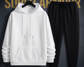 Men’s Casual Tracksuit Set | White Hoodie Black Joggers | Winter Warm Sweatshirt  Pants