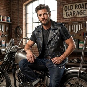 May include: Black leather vest with blue trim and silver zippers. The vest is worn over a dark gray t-shirt and paired with blue jeans. The image is set in a garage with a vintage motorcycle.