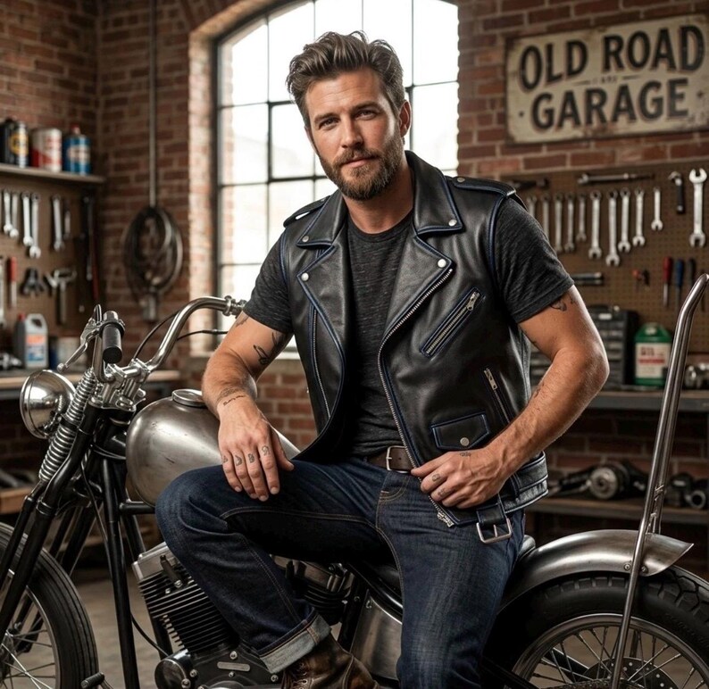 May include: Black leather vest with blue trim and silver zippers. The vest is worn over a dark gray t-shirt and paired with blue jeans. The image is set in a garage with a vintage motorcycle.
