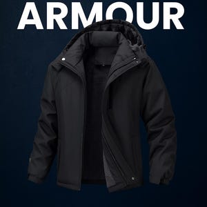 Puede incluir: Chaqueta negra con capucha con el texto "SUPER ARMOUR" en blanco. La chaqueta tiene cremallera, interior forrado de forro polar y capucha. El fondo es un degradado azul oscuro.