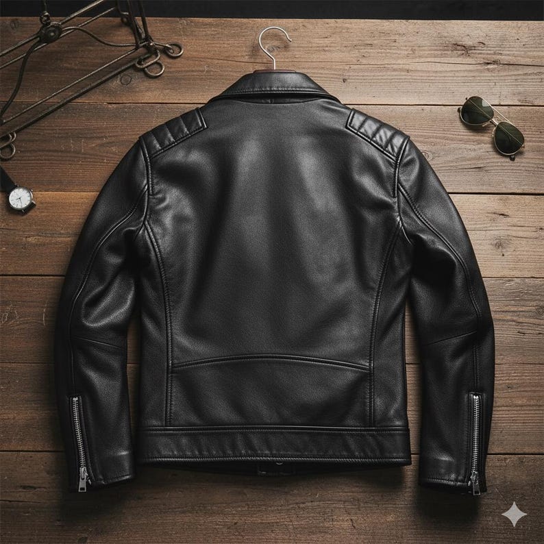 May include: Black leather jacket with a classic design, featuring a notched collar, quilted shoulder details, and zippered sleeves. The jacket is hanging on a hanger against a wooden background, with a watch and sunglasses nearby.