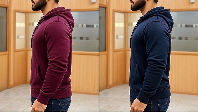 May include: Two hooded sweatshirts, one burgundy and one navy blue, are displayed side-by-side. Both have a front pocket and a drawstring hood. The sweatshirts are made of a soft material and are suitable for casual wear.