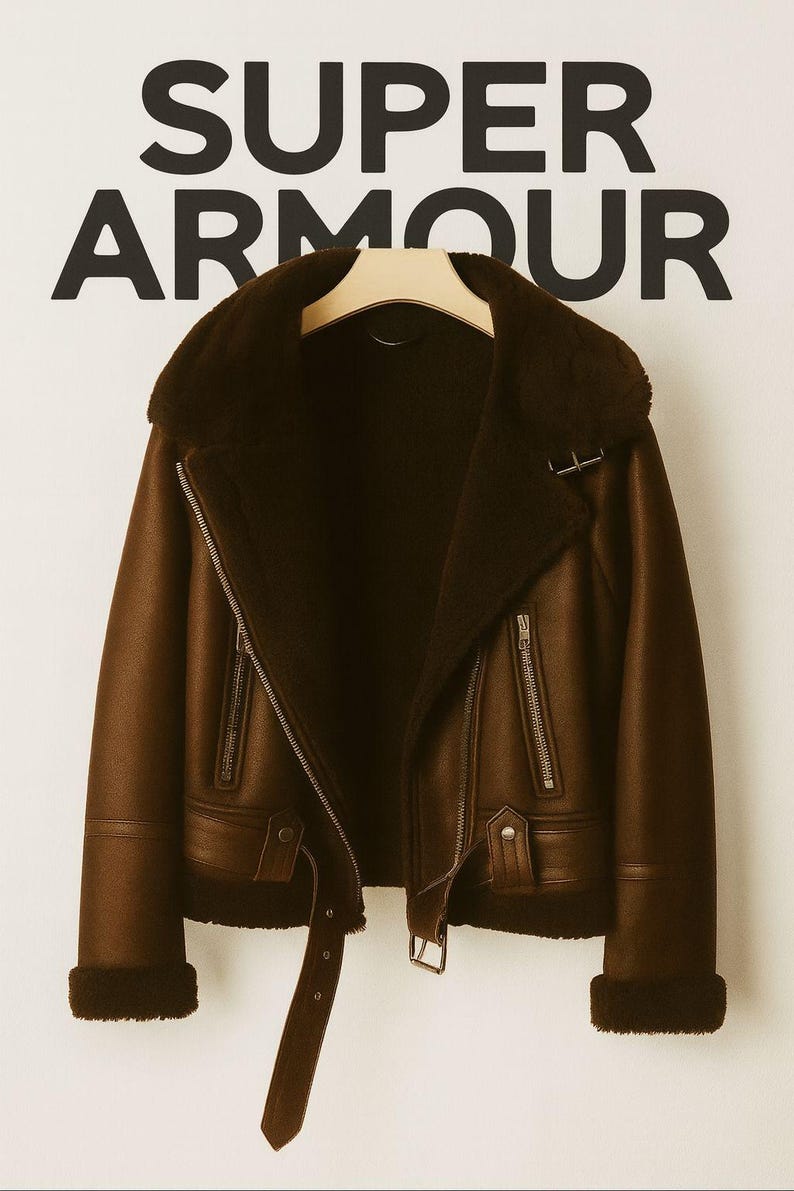 May include: Brown faux leather jacket with a shearling collar and lining. The jacket features a zipper closure, multiple pockets, and a belt detail. The text "SUPER ARMOUR" is displayed at the top.