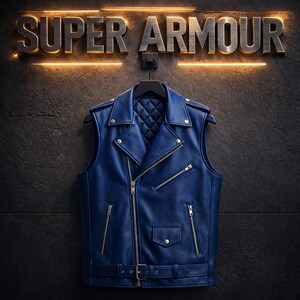 May include: A blue leather vest with a quilted lining hangs on a black hanger. The vest has a zipper closure, multiple pockets, and silver hardware. The words "SUPER ARMOUR" are displayed above the vest.