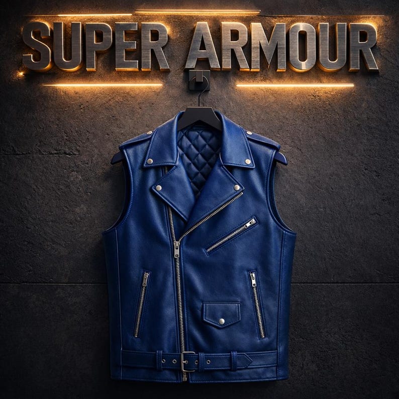May include: A blue leather vest with a quilted lining hangs on a black hanger. The vest has a zipper closure, multiple pockets, and silver hardware. The words "SUPER ARMOUR" are displayed above the vest.