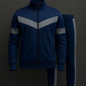 Op de afbeelding: Marineblauw trainingspak met grijze accenten. De jas heeft een volledige ritssluiting en een grijs chevronontwerp over de borst. De bijpassende broek heeft een grijze streep langs de zijkant. De tekst "SUPER ARMOUR" staat bovenaan.