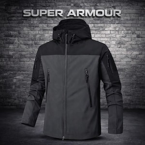 May include: A black and gray hooded jacket with the text "SUPER ARMOUR" across the top. The jacket has a zip-up front, multiple pockets, and a contrasting color block design. The jacket is designed for outdoor activities.
