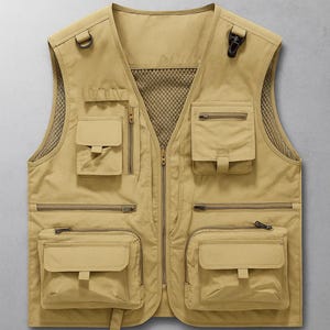 Puede incluir: Chaleco utilitario color beige con múltiples bolsillos y cierre de cremallera. El chaleco tiene un forro de malla y el texto "SUPER ARMOUR" en letras negras en negrita en la parte superior.