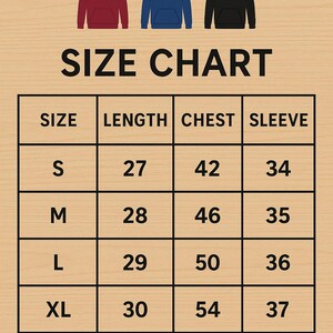 May include: A size chart for hoodies, with measurements in inches. The chart includes sizes S to XXL, with corresponding length, chest, and sleeve measurements. Three hoodie illustrations in red, blue, and black are at the top.