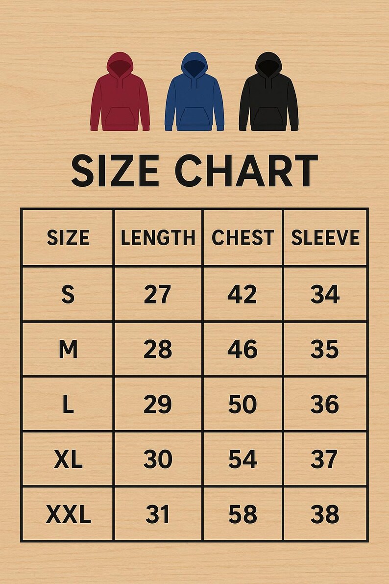 May include: A size chart for hoodies, with measurements in inches. The chart includes sizes S to XXL, with corresponding length, chest, and sleeve measurements. Three hoodie illustrations in red, blue, and black are at the top.