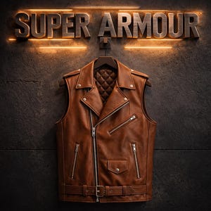 May include: A brown leather vest with a quilted lining, multiple zippered pockets, and a belt with a buckle. The vest is hanging on a wooden hanger against a dark textured wall. The words "SUPER ARMOUR" are above the vest.
