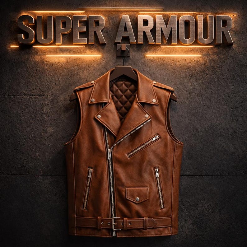 May include: A brown leather vest with a quilted lining, multiple zippered pockets, and a belt with a buckle. The vest is hanging on a wooden hanger against a dark textured wall. The words "SUPER ARMOUR" are above the vest.