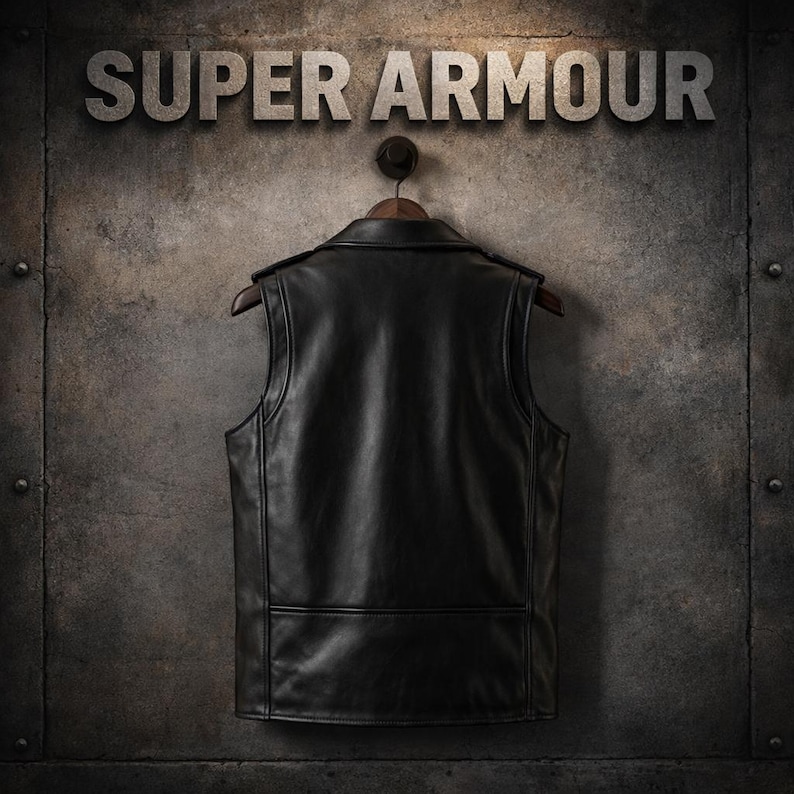 May include: Black leather vest hanging on a wooden hanger against a textured, metallic background. The words "SUPER ARMOUR" are displayed above the vest in a 3D font. The vest has a classic biker style with a notched collar and a tailored fit.