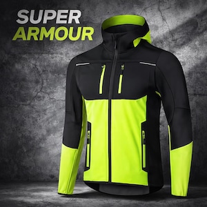 Puede incluir: Chaqueta negra y amarillo neón con el texto "SUPER ARMOUR". La chaqueta tiene un cuello alto, una capucha y múltiples bolsillos con cremallera. Las mangas y la parte inferior del cuerpo son de color amarillo neón, mientras que la parte superior y la capucha son negras.