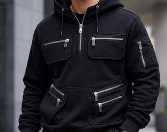 Men’s Tactical Hoodie with Multiple Zipper Pockets | Half Zip Utility Hoodie | Winter Streetwear