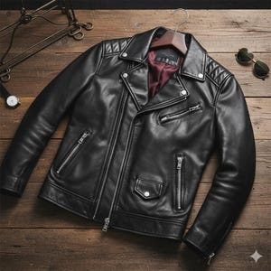 May include: Black leather jacket with a classic biker style. Features include a notched collar, quilted shoulder detailing, multiple zippered pockets, and a front zipper closure. The jacket is displayed on a wooden hanger.