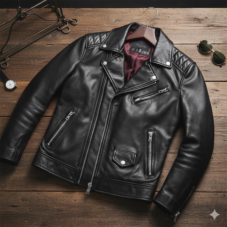 May include: Black leather jacket with a classic biker style. Features include a notched collar, quilted shoulder detailing, multiple zippered pockets, and a front zipper closure. The jacket is displayed on a wooden hanger.