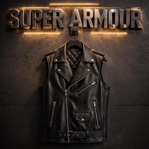 May include: Black leather vest with silver zippers and a quilted lining, hanging on a black hanger. The vest has a belt with a buckle at the waist. The words "SUPER ARMOUR" are displayed above the vest.