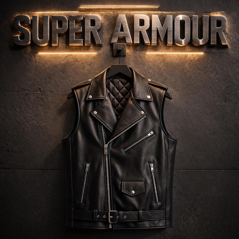 May include: Black leather vest with silver zippers and a quilted lining, hanging on a black hanger. The vest has a belt with a buckle at the waist. The words "SUPER ARMOUR" are displayed above the vest.