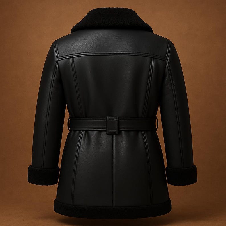 May include: A black leather jacket with a black faux fur collar and cuffs. The jacket has a belt at the waist and a tailored fit. The back of the jacket features vertical stitching details and a classic design.