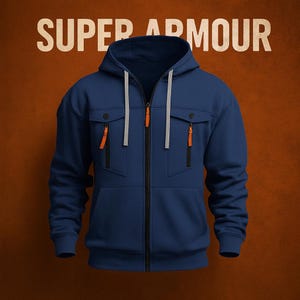 May include: Navy blue zip-up hoodie with a hood and two front pockets. The hoodie has orange zipper pulls and the text "SUPER ARMOUR" across the top. The hoodie is made of a soft, comfortable material.