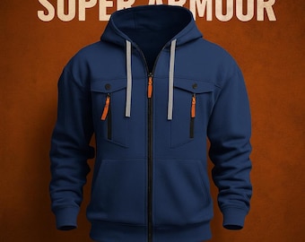 Men’s Zip-Up Hoodie – Utility Pocket Hoodie with Drawstrings – Warm Softshell Streetwear Jacket
