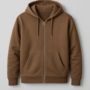 May include: A brown zip-up hoodie with a drawstring hood and a kangaroo pocket. The hoodie has ribbed cuffs and hem. The zipper is a dark metal color. The material appears to be a soft, comfortable fabric.