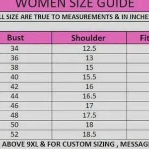 May include: A women's size guide table with measurements in inches. The table includes sizes from XXS to 5XL, listing bust, shoulder, fits to chest, and sleeve measurements. The text at the top reads "WOMEN SIZE GUIDE".