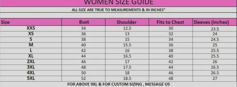 May include: A women's size guide table with measurements in inches. The table includes sizes from XXS to 5XL, listing bust, shoulder, fits to chest, and sleeve measurements. The text at the top reads "WOMEN SIZE GUIDE".