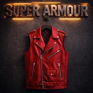 May include: A red leather vest with a quilted lining hangs on a black hanger against a dark textured wall. The vest features a zipper closure, multiple pockets, and a belt. The words "SUPER ARMOUR" are displayed above the vest.