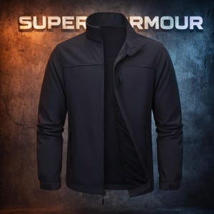 May include: A black jacket with a full-length zipper, a stand-up collar, and a small zippered pocket on the chest. The jacket has the words "SUPER ARMOUR" in a gold font at the top.