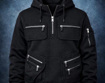 Men’s Tactical Hoodie with Multiple Zipper Pockets | Half Zip Utility Hoodie | Winter Streetwear