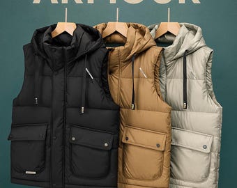 Chaleco acolchado unisex con capucha: chaqueta de invierno cálida sin mangas con amplios bolsillos multiusos.
