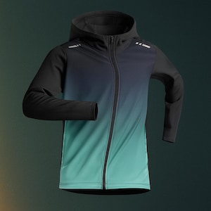May include: A zip-up hooded jacket featuring the text SUPER ARMOUR at the top. The garment displays a gradient color transition from black at the shoulders and sleeves to a teal green at the hem, with two small reflective white rectangular accents.