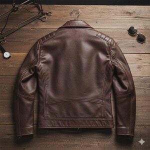 May include: A brown leather jacket with a classic design, hanging on a metal hanger. The jacket has a collared neckline, shoulder padding, and a tailored fit. Sunglasses and a watch are visible on the wooden surface.