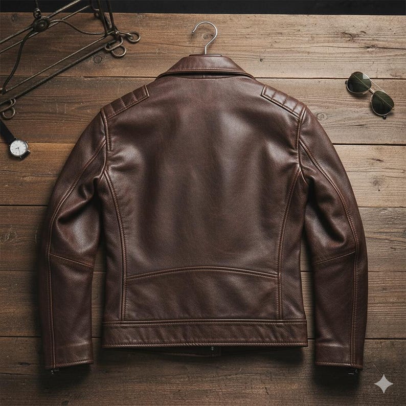 May include: A brown leather jacket with a classic design, hanging on a metal hanger. The jacket has a collared neckline, shoulder padding, and a tailored fit. Sunglasses and a watch are visible on the wooden surface.