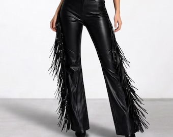 Frauen Fransen Lederhose, Hohe Taille Flare Fransen Hose
