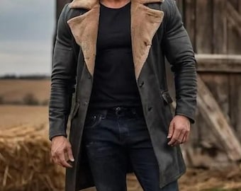 Handmade Genuine Leather Trench Coat: Men's Long Black Fur-Lined Coat