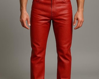 Men's Handmade Red Lambskin Leather Pants – Classic 5-Pocket Style