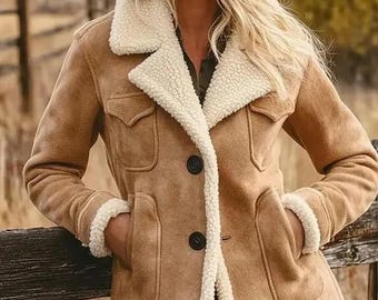 May include: A tan suede jacket with a cream-colored shearling collar and trim. The jacket features two front pockets, two chest pockets, and black buttons. The model is wearing a black hat and dark pants.