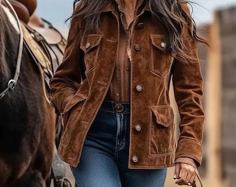 May include: A brown suede jacket with four front pockets and button closures. The jacket is worn over a button-down shirt and paired with blue jeans. A horse with a saddle is in the background.