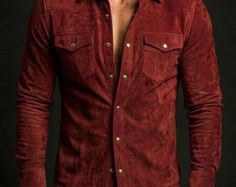 Men’s Red Suede Leather Overshirt | Handcrafted Slim-Fit Design | Timeless Style, Perfectly.