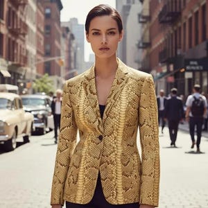 Women’s Gold Snakeskin Leather Jacket – Handmade Quilted Viscose Lining Outerwear