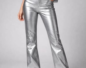Handgemachte Silber Lederhose Hohe Taille Metallic Schlaghose