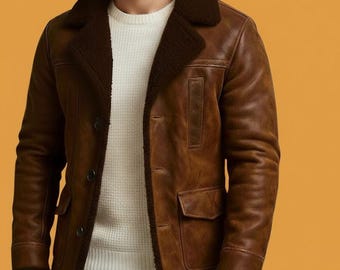 Men’s Brown Shearling Leather Jacket Fur Winter Warm Sheepskin Coat Vintage Style